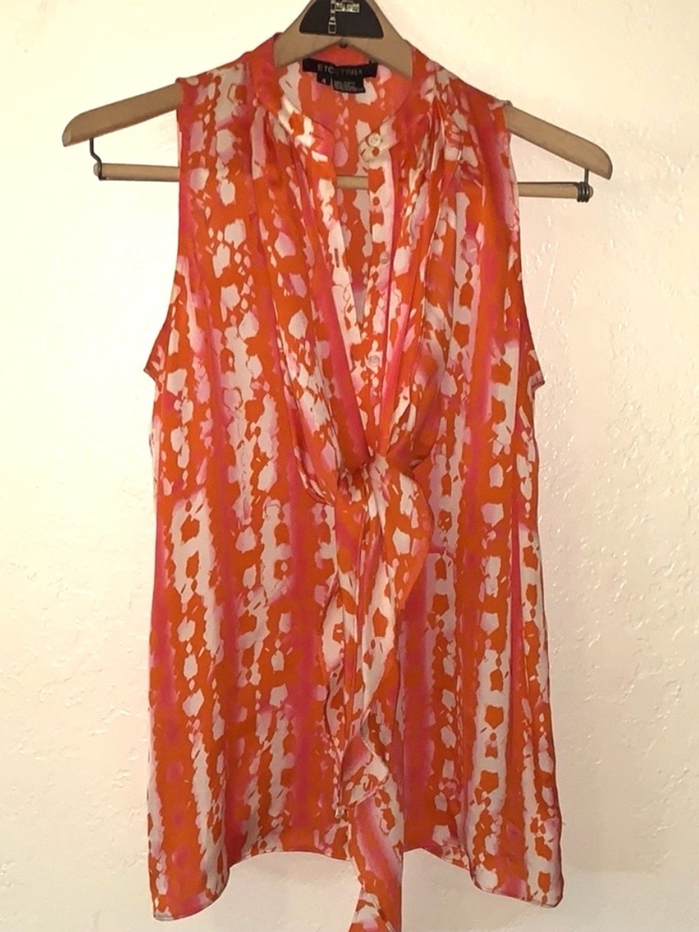 Etcetera 90s Y2K Tie Dye Silk Blouse Sleeveless Tie Front Top Orange White 4